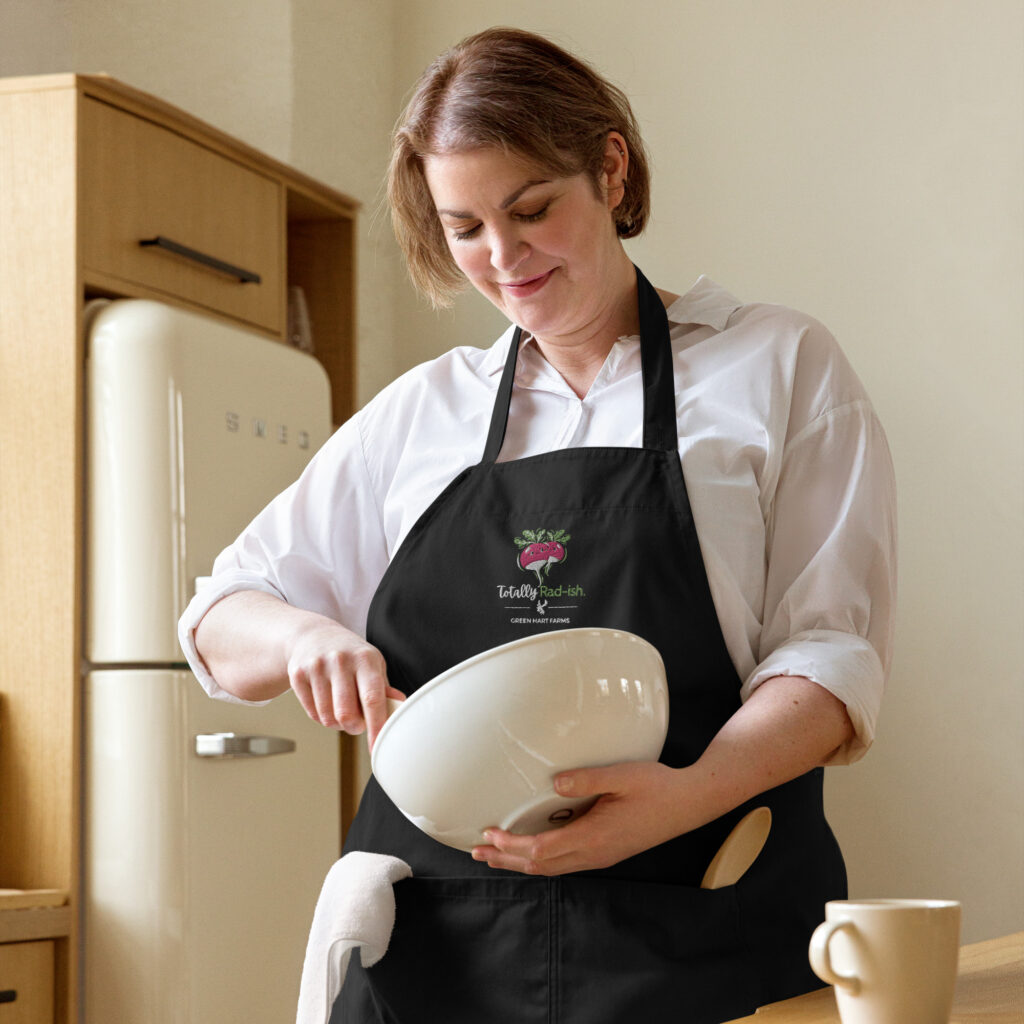 Organic cotton apron-‘Totally Radish’